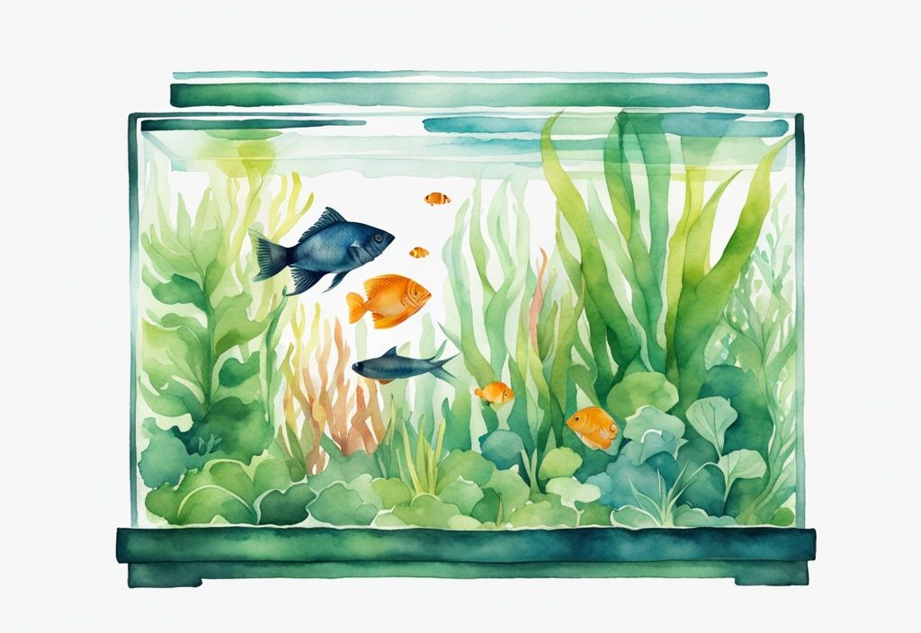 Modernes Aquarellbild eines Aquariums mit grünem Rasen, bunten Fischen und lebendigen Wasserpflanzen