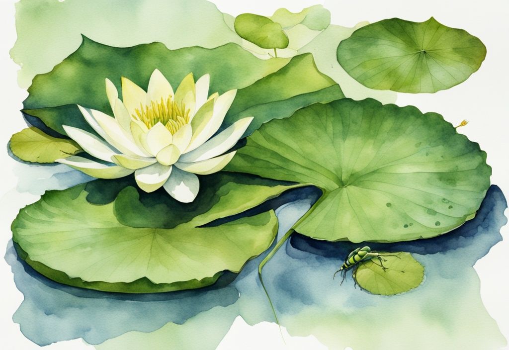 Moderne Aquarellillustration einer grünen Seerose, die von Blattläusen, Käfern oder Raupen befallen ist, zur Identifikation häufiger Schädlinge.