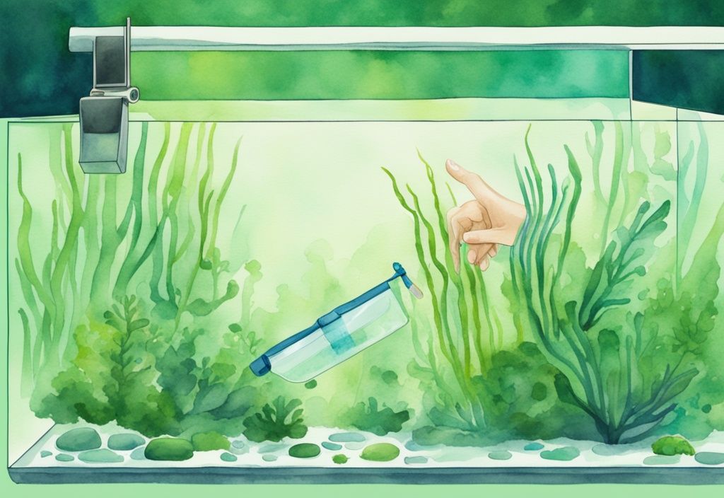 Moderne Aquarell-Illustration eines Aquariums mit grüner Farbgebung, Hand reinigt Algen mit Zahnbürste.