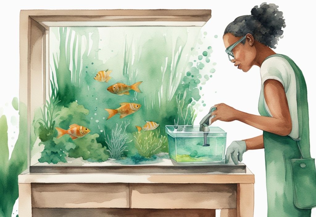 Moderne Aquarellillustration einer Person, die ein Aquarium mit speziellen Werkzeugen reinigt, mit einem Beistelltisch voller Anti-Algen-Produkte daneben - was tun gegen Algen im Aquarium?