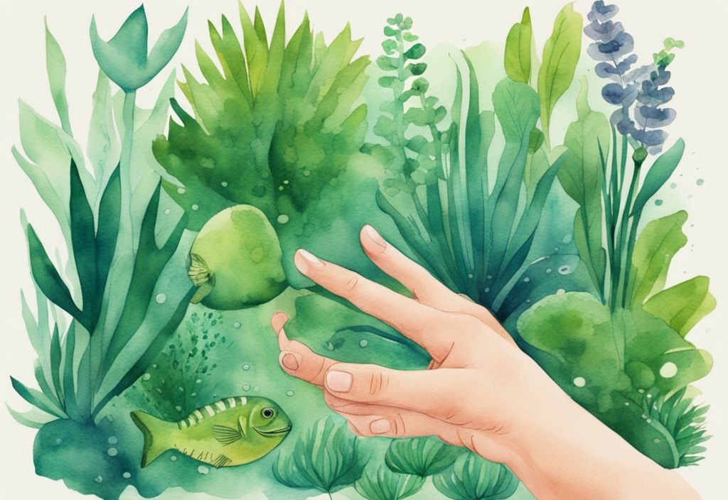 Moderne Aquarellillustration eines lebendigen Aquariums mit vielen verschiedenen Wasserpflanzen und einer Hand beim Zählen der Pflanzen.