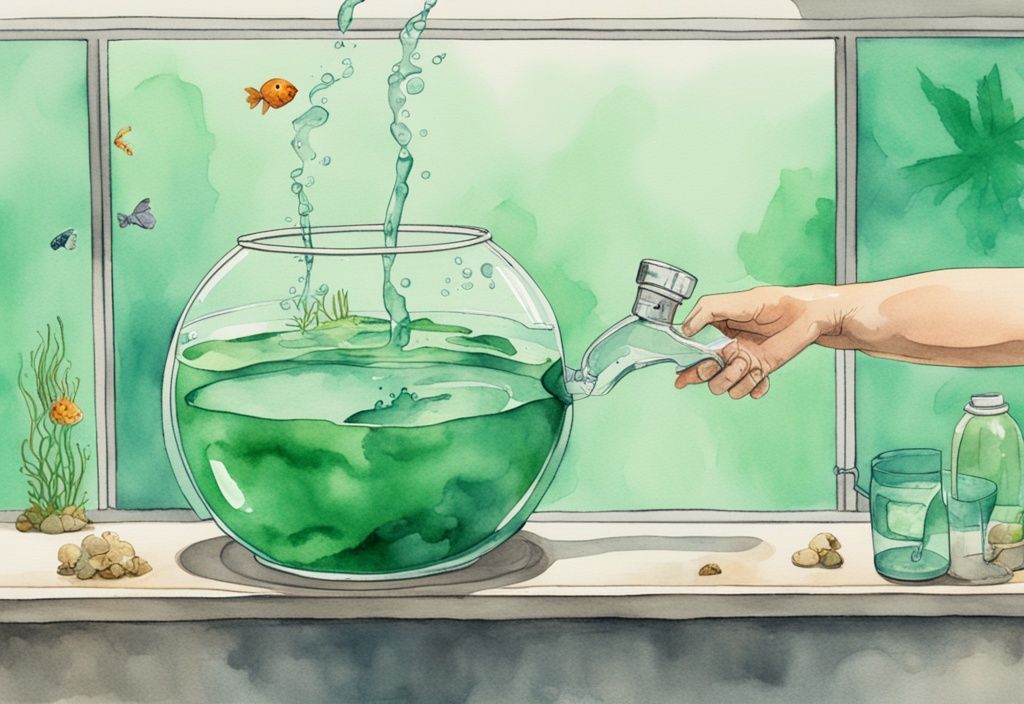 Moderne Aquarellillustration eines Aquariums mit sauberem und schmutzigem Wasser, Hand hält einen Siphonschlauch.