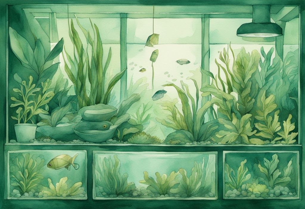 Moderne Aquarellillustration eines Aquariums mit üppigen Aquarienpflanzen wenig Licht in grüner Farbgebung, die eine beruhigende Unterwassergarten-Atmosphäre schafft.