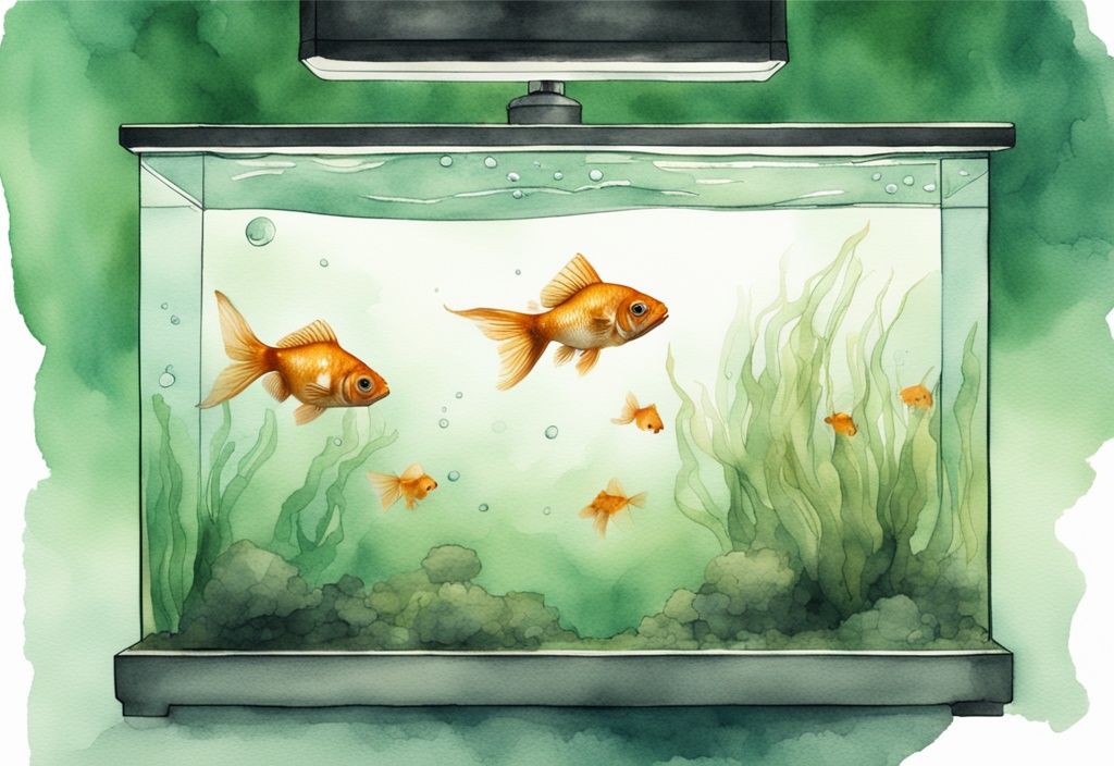 Moderne Aquarell-Illustration eines vernachlässigten Aquariums mit trübem Wasser, totem Goldfisch an der Oberfläche und Futterresten, warum sterben Goldfische im Aquarium.