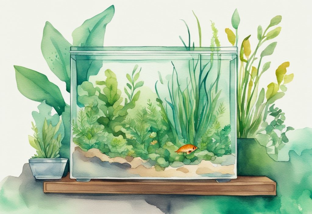 Moderne Aquarellillustration eines kristallklaren Aquariums mit lebendigen Wasserpflanzen und einem kleinen Behälter Dünger für Wasserpflanzen im Vordergrund.