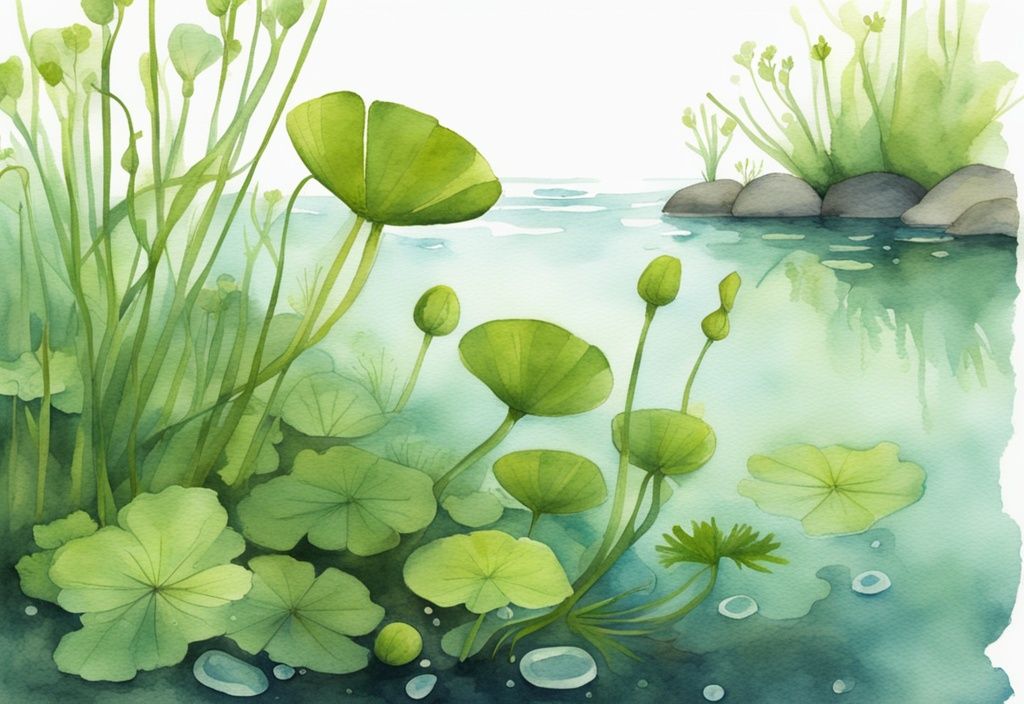 Moderne Aquarell-Illustration einer Wasserhahnenfußpflanze in einer Süßwasserumgebung mit Fischen, die Anzeichen von Toxizität wie Orientierungsverlust oder Farbverlust zeigen.