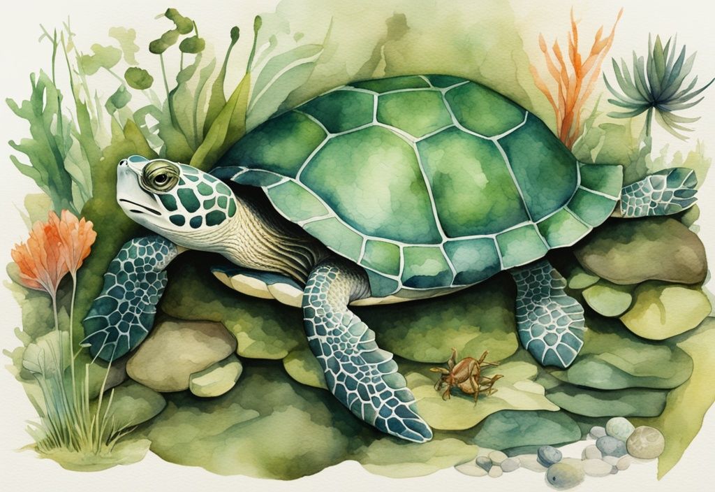 Moderne Aquarell-Illustration eines Teichschildkröte, die an Wasserpflanzen, kleinen Fischen, Insekten und Algen knabbert, grüne Farbthematik