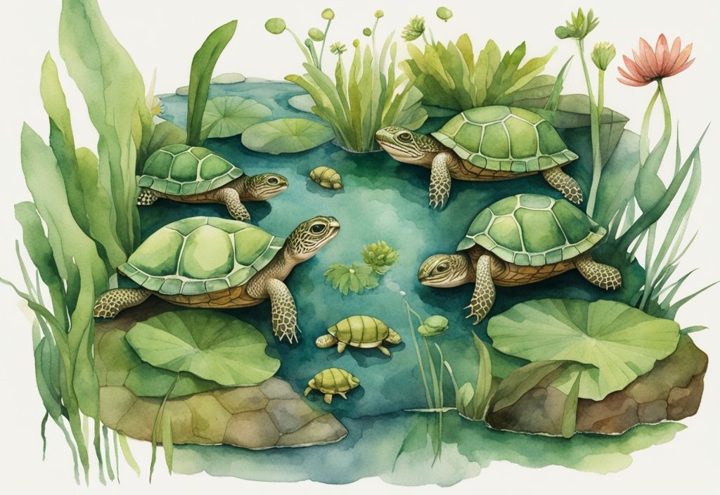 Moderne Aquarellillustration eines Teichökosystems mit grüner Farbgebung, in dem Wasserschildkröten im Teich ihre natürliche Nahrung wie Wasserpflanzen, kleine Fische und Insekten fressen.