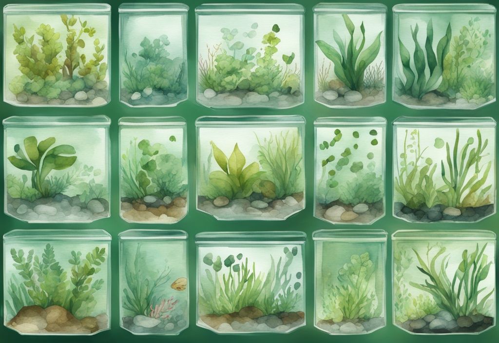 Moderne Aquarellillustration eines kristallklaren Aquariums mit verschiedenen Wasserpflanzenarten und Angaben zur Zählung der Gesamtanzahl, wie viele Pflanzen im Aquarium.