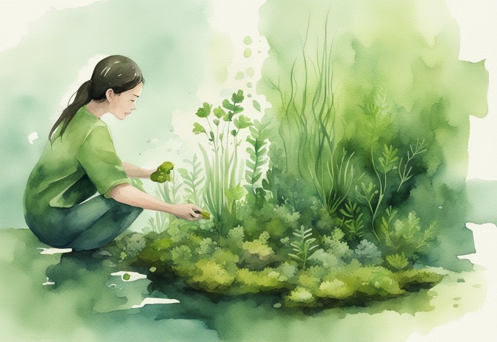 Moderne Aquarellillustration einer Person, die grünes, gesundes Moos aus einer dichten Süßwasserumgebung für ihr Heim-Aquarium sammelt