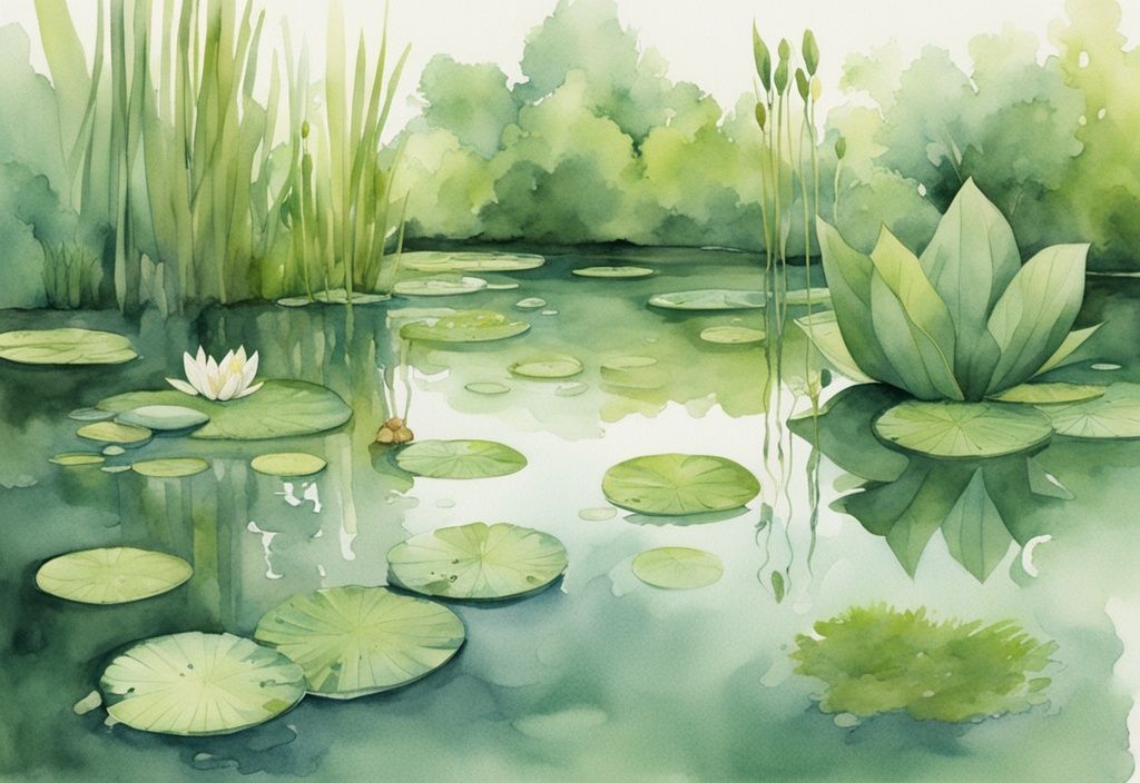 Moderne Aquarellillustration von Teichpflanzen wie Seerosen, Rohrkolben und Wasserlinsen in klarem Wasser, hauptsächlich in Grüntönen.