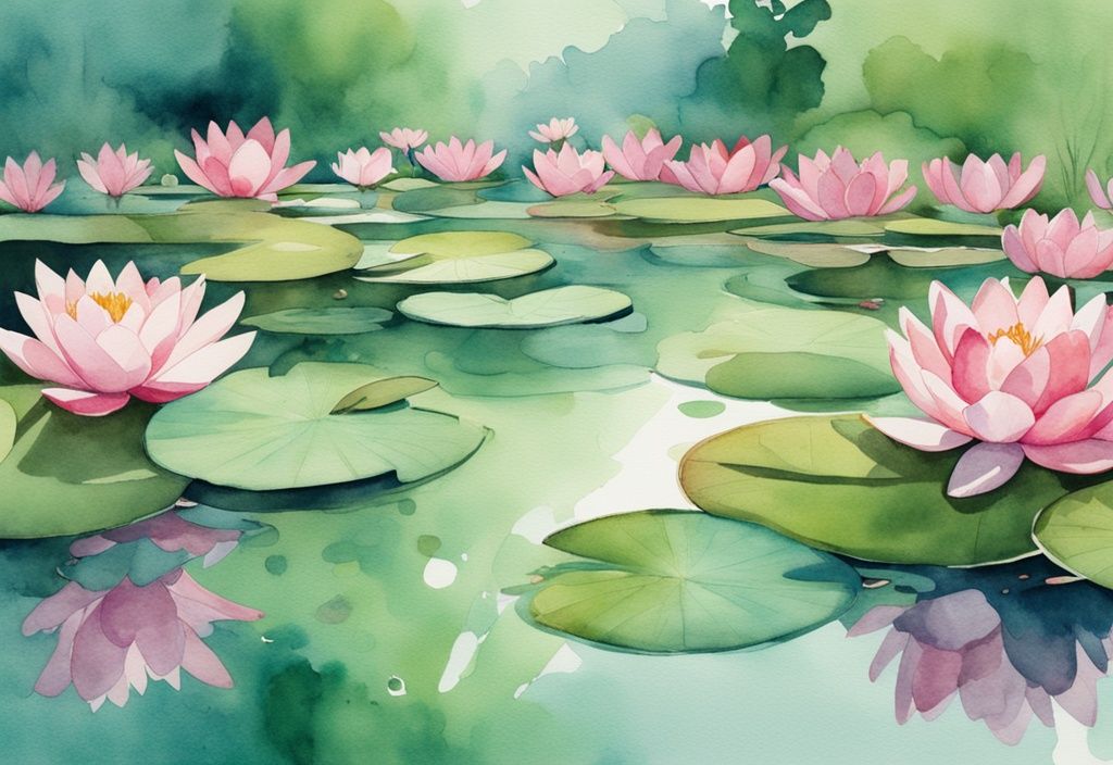 Moderne Aquarellillustration eines grünen Teichs, in dem Seerose wuchert Teich zu sehen sind, mit leuchtenden rosa Blüten, die sich im ruhigen Wasser spiegeln.