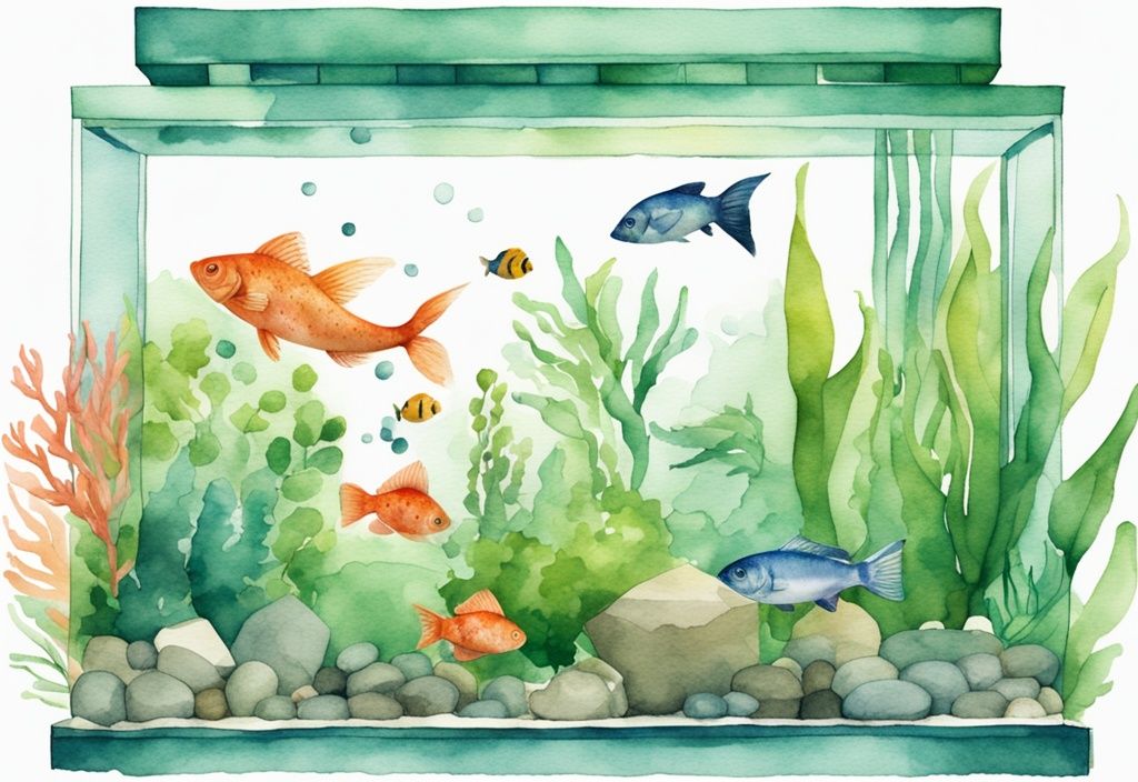 Moderne Aquarellillustration mit grüner Farbthematik, die wesentliche Aquariumartikel wie ein Aquarium, Heizung, Filter, Kies, Pflanzen und bunte Fische zeigt. Keyword: was braucht man für ein Aquarium.