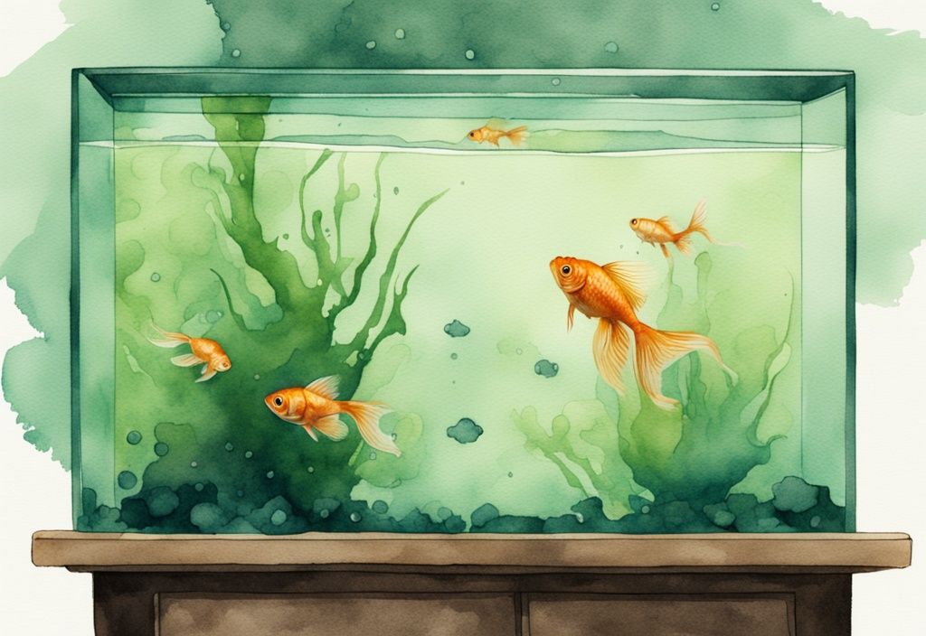 Moderne Aquarellillustration eines vernachlässigten Aquariums mit trübem Wasser, einem leblosen Goldfisch an der Oberfläche und Spuren von unbenutztem Fischfutter – warum sterben Goldfische im Aquarium.