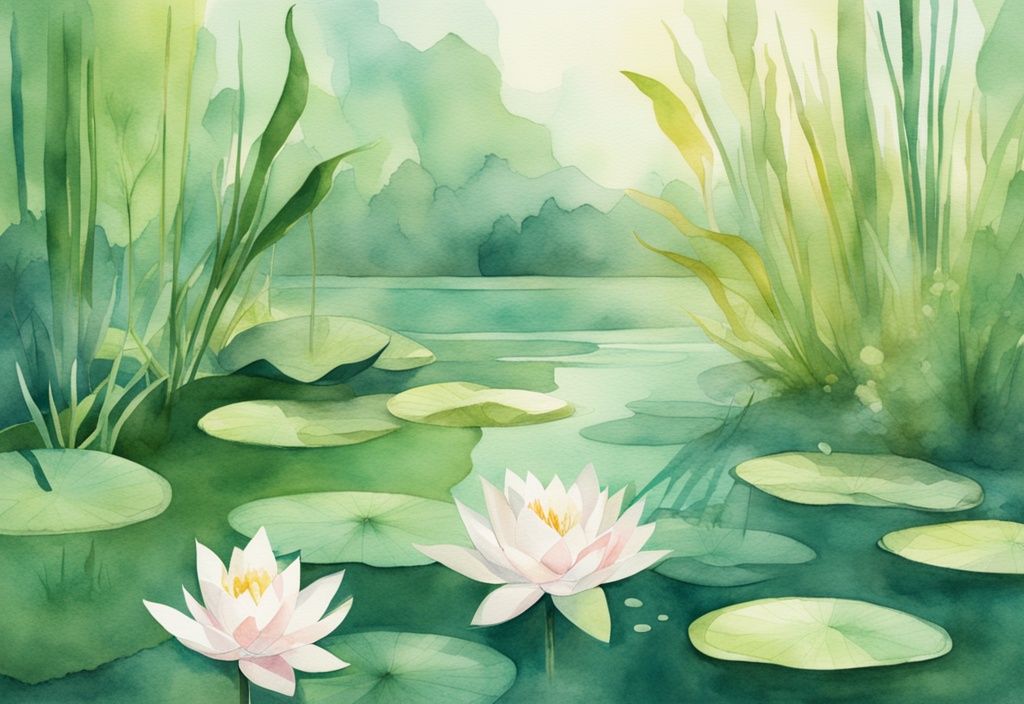 Moderne Aquarellillustration einer grünen Unterwasserlandschaft mit blühenden Wasserpflanzen wie Seerosen, Schilf und Lotus, durchflutet von sanftem Sonnenlicht.