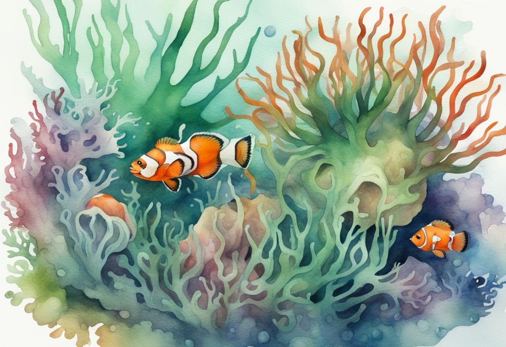 Moderne Aquarell-Illustration einer Unterwasserszene mit grüner Farbgebung, zeigt eine Seeanemone mit bunten Tentakeln und einem neugierigen Clownfisch zwischen Korallen.