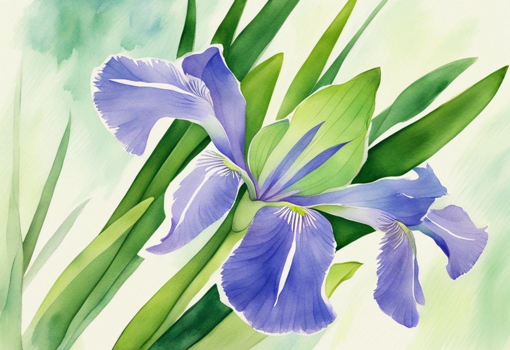 Moderne Aquarell-Illustration einer Schwertlilie in Nahaufnahme, mit grünen Schwertblättern und blau-violetten Blüten, vor einem weichen, verschwommenen Hintergrund.