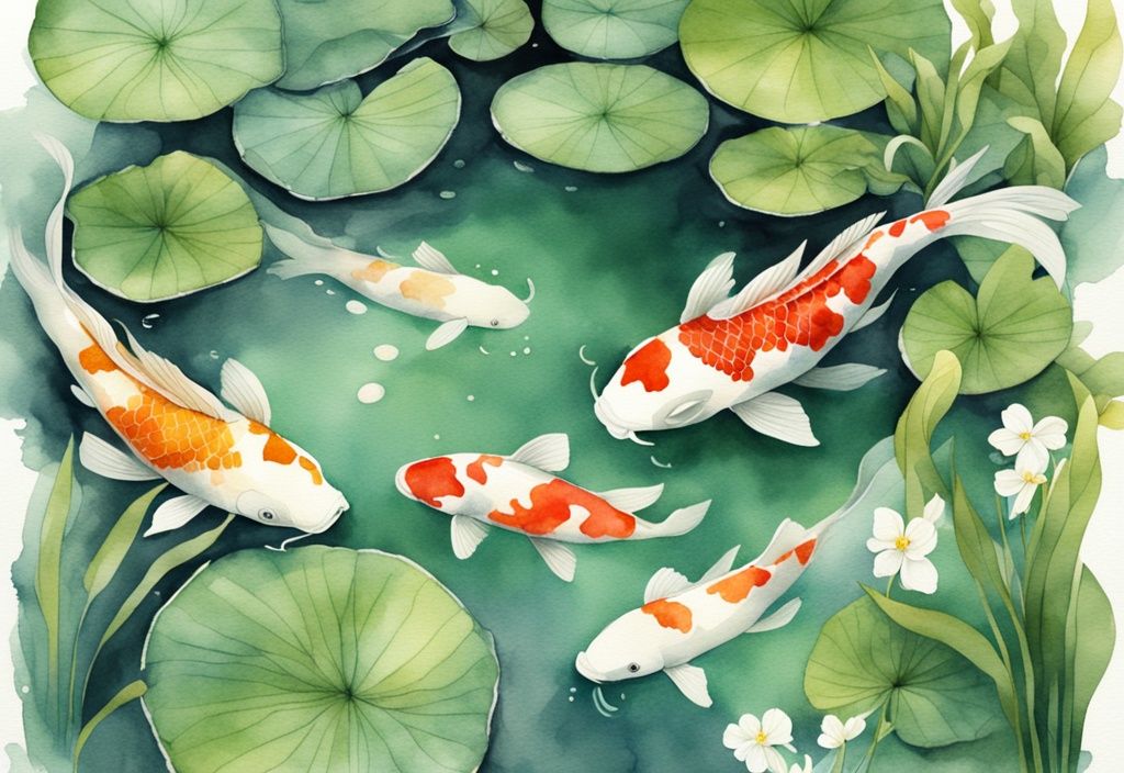 Moderne Aquarell-Illustration eines ruhigen Koi-Teichs mit grünen Wasserpflanzen und bunten Koi-Fischen