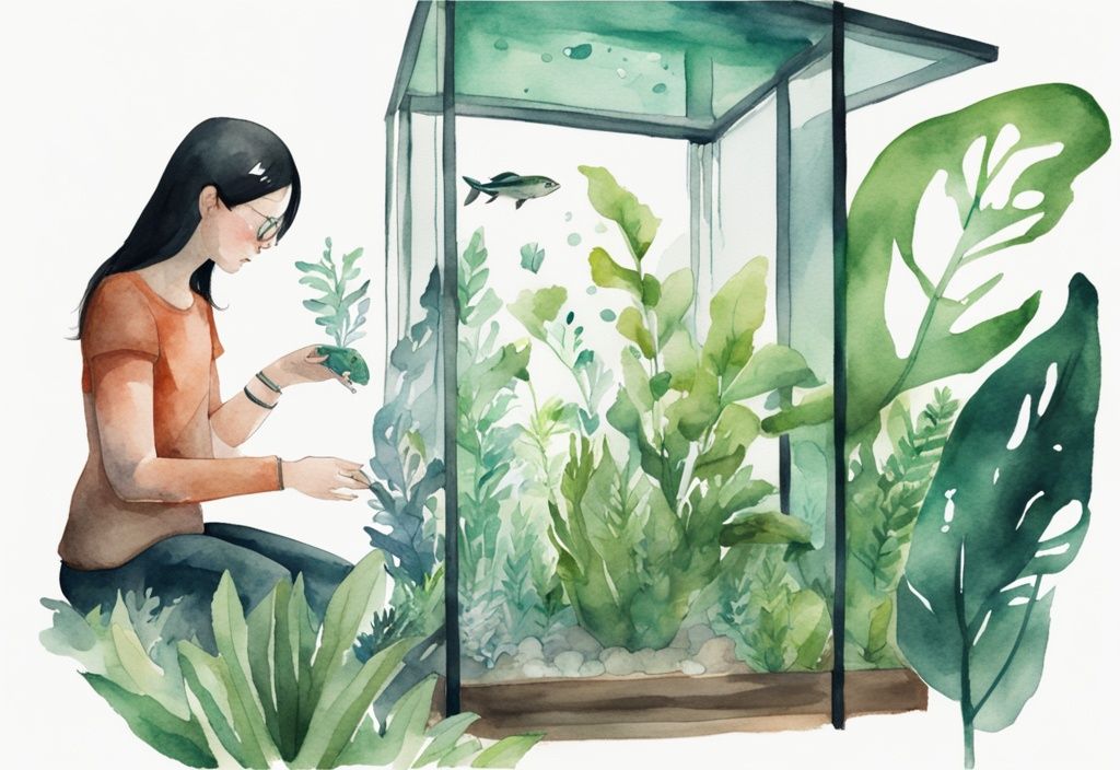 Moderne Aquarellillustration eines Aquariums mit zerfallenden Pflanzen, eine Person inspiziert das Laub, mit einem Kescher und einem Handbuch zur Pflanzenpflege daneben.