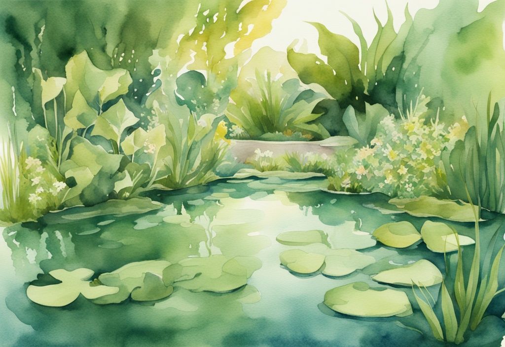 Moderne Aquarellillustration eines ruhigen Teichs mit blühenden Wasserpflanzen im warmen Sonnenlicht.