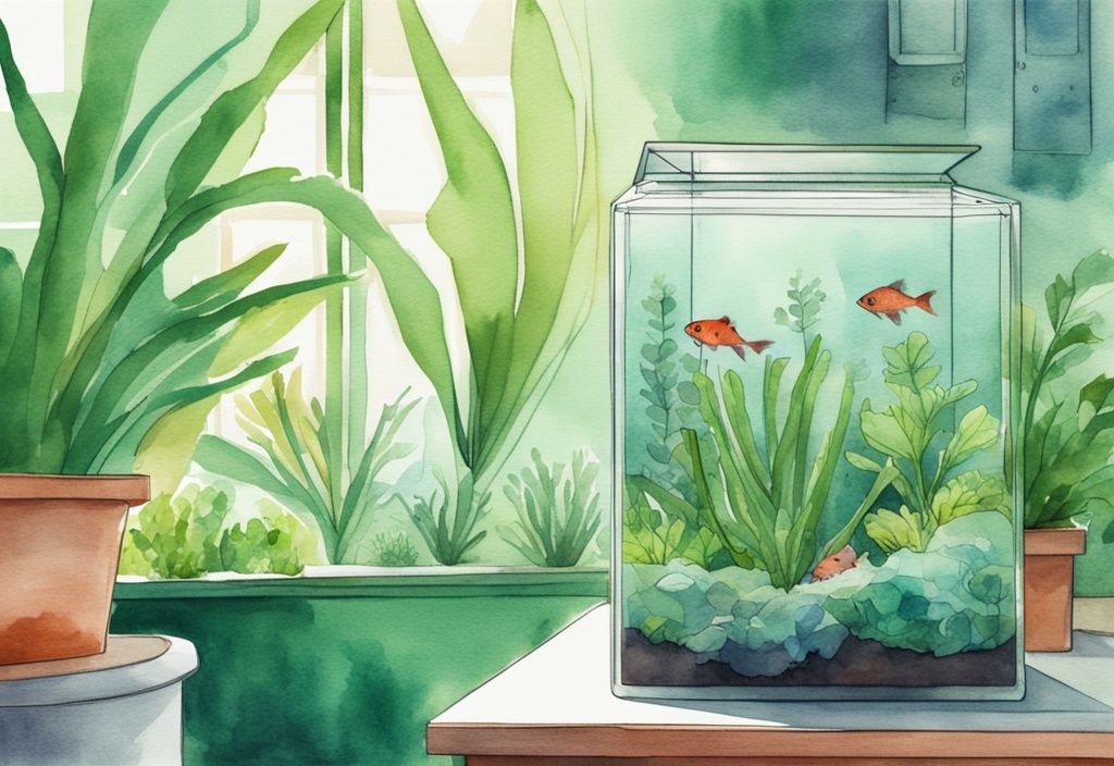 Moderne Aquarellillustration eines kristallklaren Aquariums mit lebendigen Wasserpflanzen und einem kleinen Behälter Dünger für Wasserpflanzen im Vordergrund.