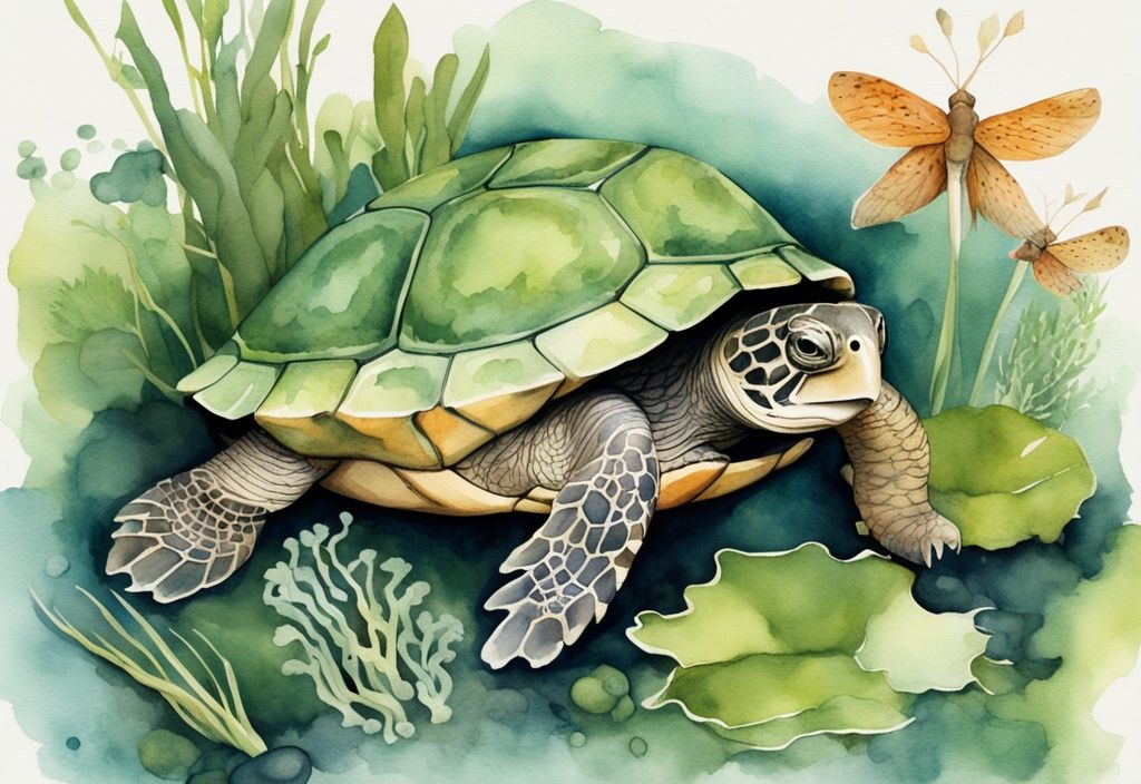 Moderne Aquarell-Illustration eines Teichschildkröte beim Fressen von Wasserpflanzen, kleinen Fischen, Insekten und Algen, hauptsächlich in Grüntönen gehalten