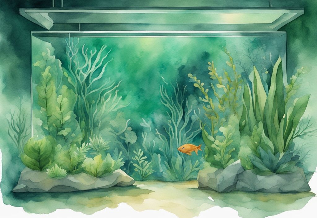 Moderne Aquarellillustration eines ruhigen Unterwasserszenarios mit grünen Aquarienpflanzen in einem dezent beleuchteten Aquarium.