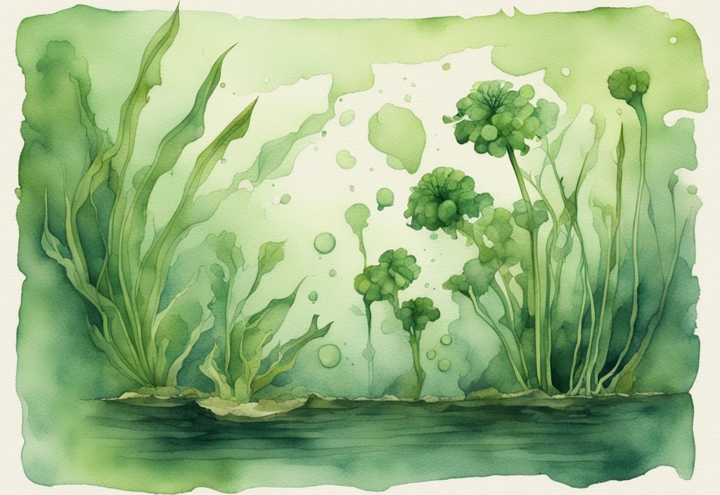 Moderne Aquarellillustration mit grünem Farbschema, zeigt eine welkende Wasserpflanze mit Verfärbungen, umgeben von totem Wasserleben, was auf ihre toxische Natur hinweist.