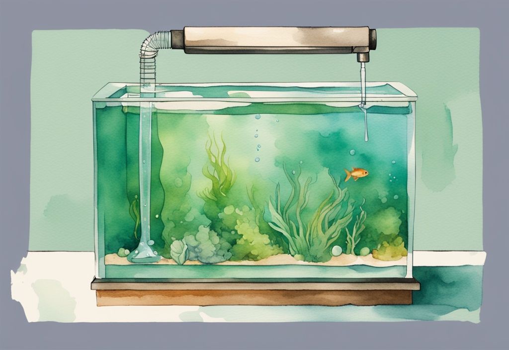 Moderne Aquarellillustration eines teilweise entleerten Aquariums mit einem Siphonschlauch und einem Kalender im Hintergrund, der unterschiedliche Intervalle für wie oft Wasserwechsel im Aquarium zeigt.