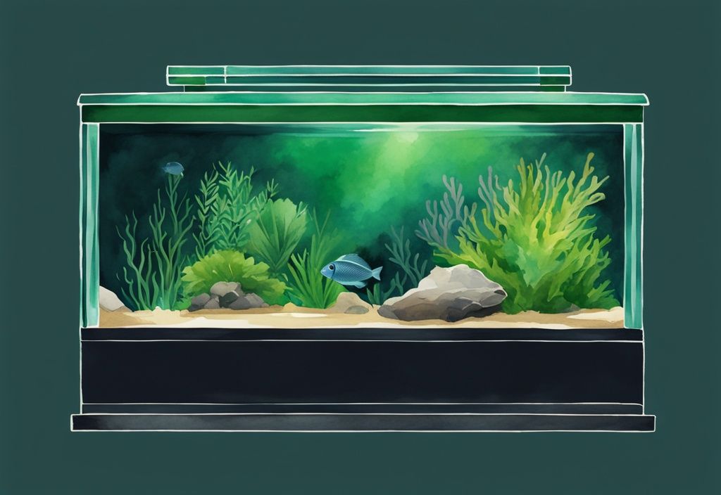 Moderne Aquarellillustration eines Aquariums mit grüner Farbpalette, eine Hälfte im Dunkeln und die andere hell beleuchtet, symbolisiert die Zeiten zum Ein- und Ausschalten der Aquarienbeleuchtung.