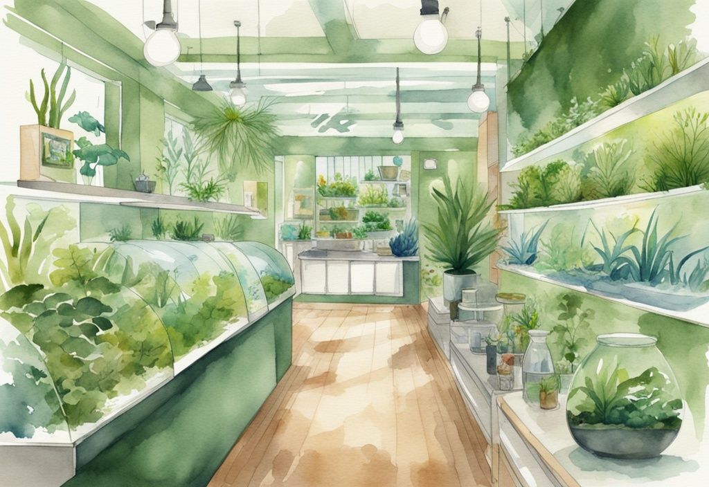 Moderner Aquarell-Illustration eines hellen und einladenden Ladeninneren mit einer Vielzahl von üppigen und lebendigen Aquarienpflanzen in schönen Aquarien, bester Aquarienpflanzen Shop.