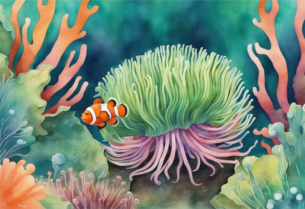 Moderne Aquarellillustration einer bunten Wasseranemone mit einem neugierigen Clownfisch in den Tentakeln, Hauptfarbe grün.