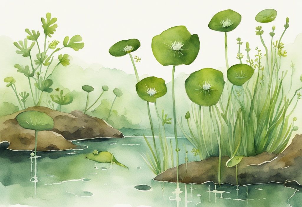 Moderner Aquarell-Illustration einer Wasser-Hahnenfußpflanze in einem Süßwasserumfeld, umgeben von Fischen, die Anzeichen von Toxizität wie Orientierungsverlust oder Farbverlust zeigen.