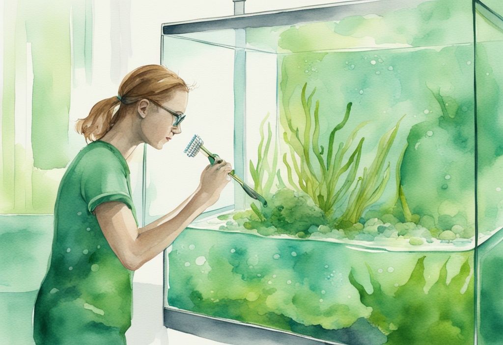 Moderne Aquarellillustration eines sauberen Aquariums, in dem eine Hand mit einer Zahnbürste grüne Algen vom Glas entfernt.