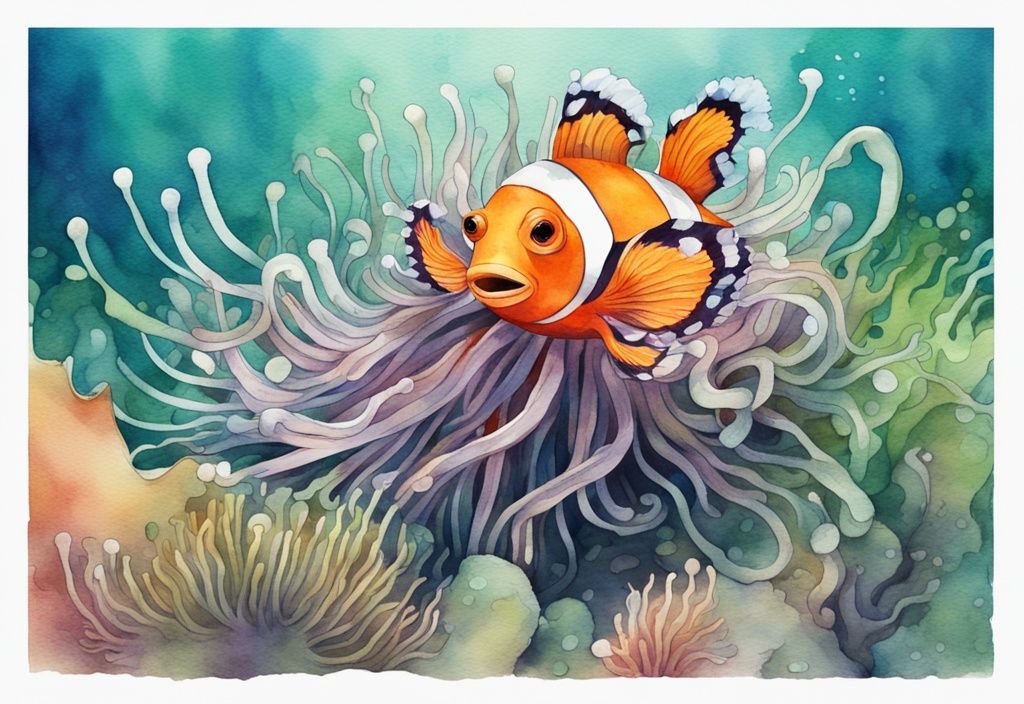 Moderne Aquarellillustration einer bunten Wasseranemone am Meeresboden mit einem neugierigen Clownfisch zwischen den Tentakeln.