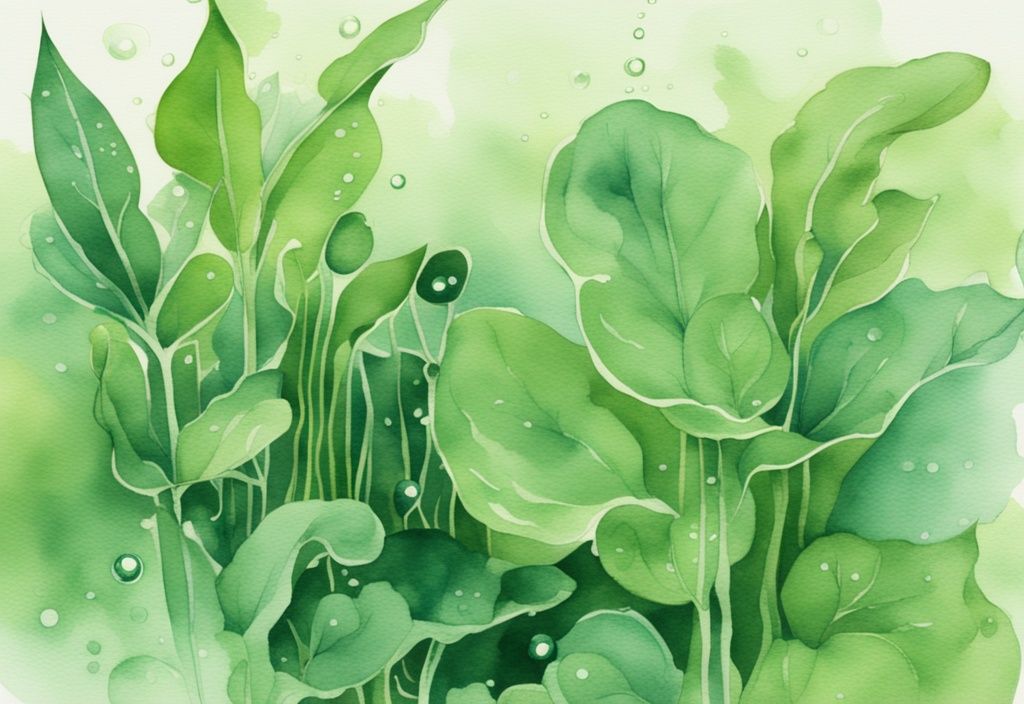 Moderne Aquarellillustration von grünen Wasserpflanzen mit Blasen, die den Zuchtprozess anzeigen