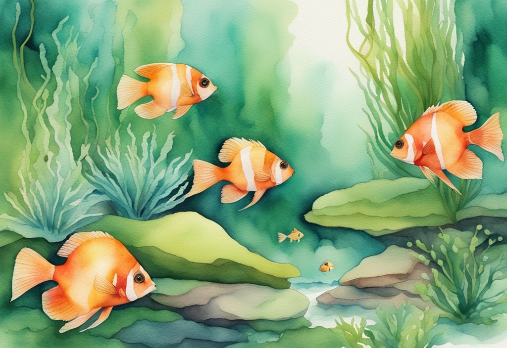 Moderne Aquarellillustration eines grünen Aquascapes mit Java-Moos-Teppich und tropischen Fischen