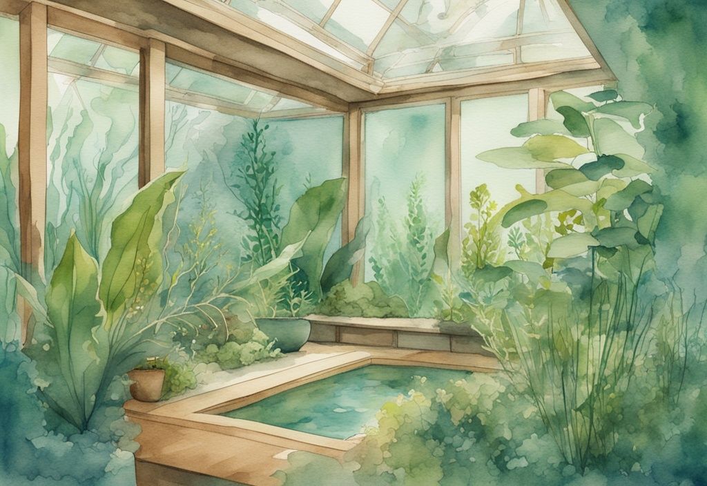 Moderne Aquarellillustration eines Aquariums mit grünen, lebendigen Unterwasserpflanzen, die eine friedliche und blühende Umgebung schaffen; Aquarium Pflanzen züchten.