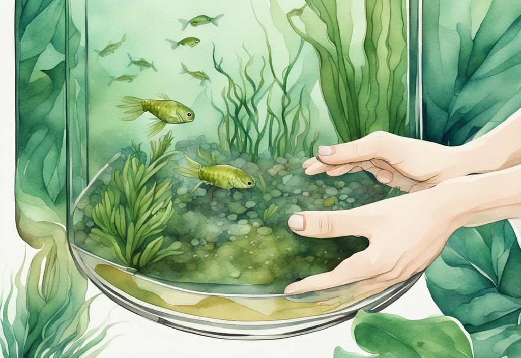 Moderne Aquarellillustration von Händen, die eine kleine, lebendige Garnele in ein speziell vorbereitetes Zuchtaquarium mit klarem Wasser und üppigen Wasserpflanzen setzen, Garnelen selber züchten.