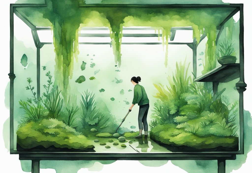 Moderne Aquarellillustration einer Person, die grünes, gesundes Moos aus einer dichten Süßwasserumgebung für ihr Heim-Aquarium sammelt.