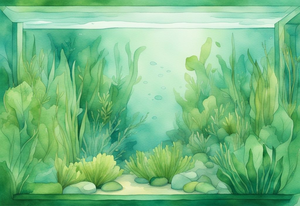 Moderne Aquarellillustration eines Unterwasserlandschafts mit grünen Pflanzen in einem lebendigen Aquarium.