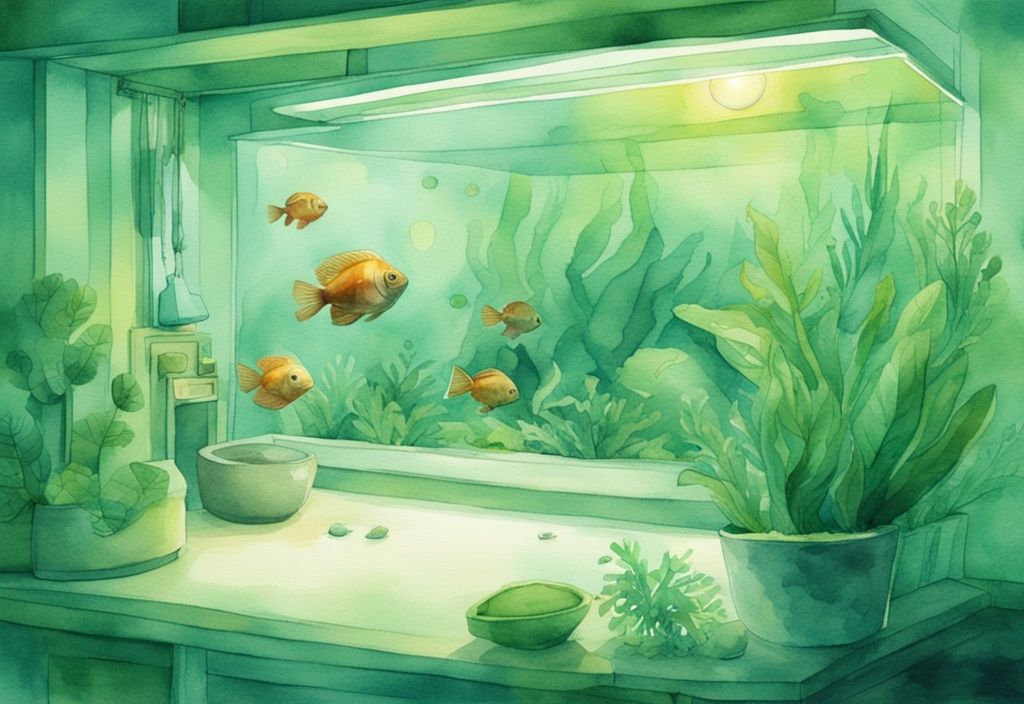 Moderne Aquarellillustration eines Aquariums in Grüntönen mit einem Schalter, der zeigt, wann das Licht an und ausschaltet. Aquarium wann Licht an und ausschalten.