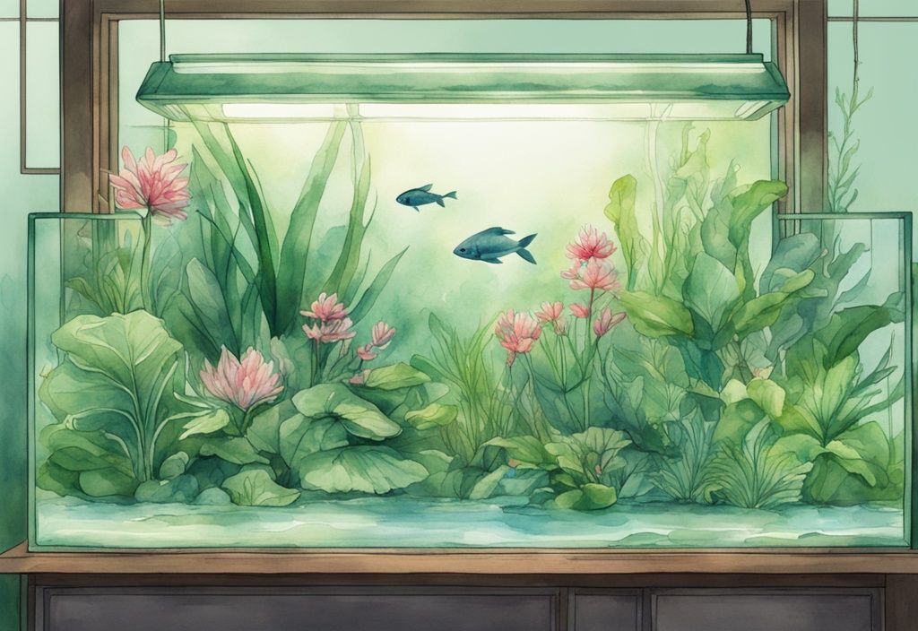 Moderne Aquarellillustration mit grünem Farbschema, die Pflanzen zeigt, die aus dem Aquarium wachsen, mit üppigen Blättern und leuchtenden Blüten.