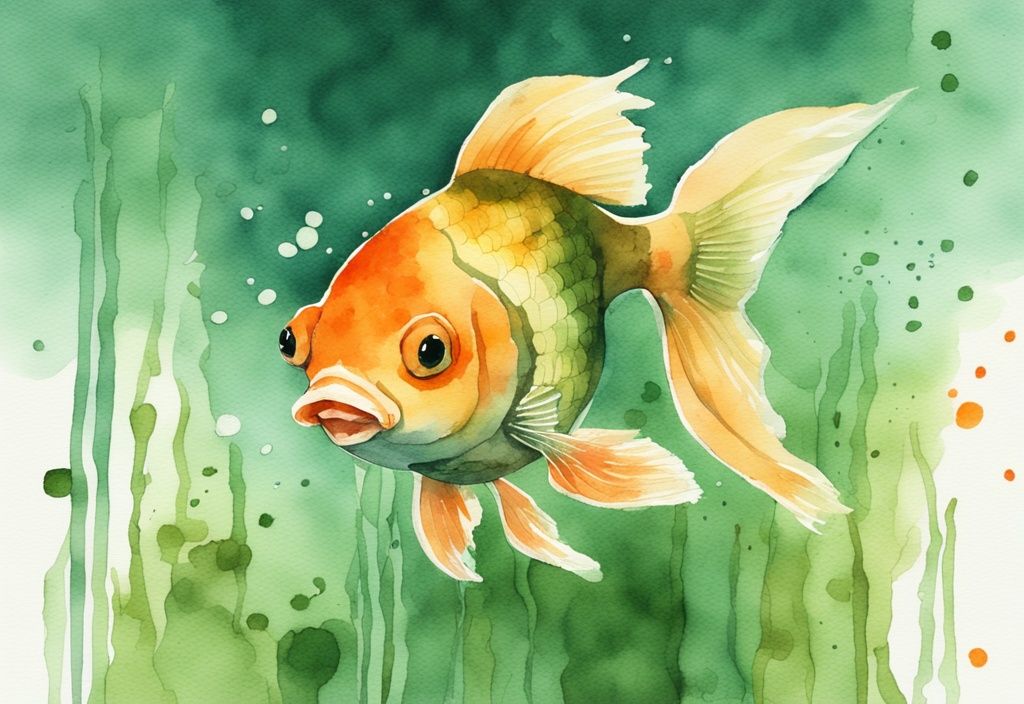 Moderne Aquarell-Illustration eines gestressten Goldfischs über einem kleinen, ungepflegten Aquarium mit trübem Wasser und Algenbewuchs in Grüntönen.