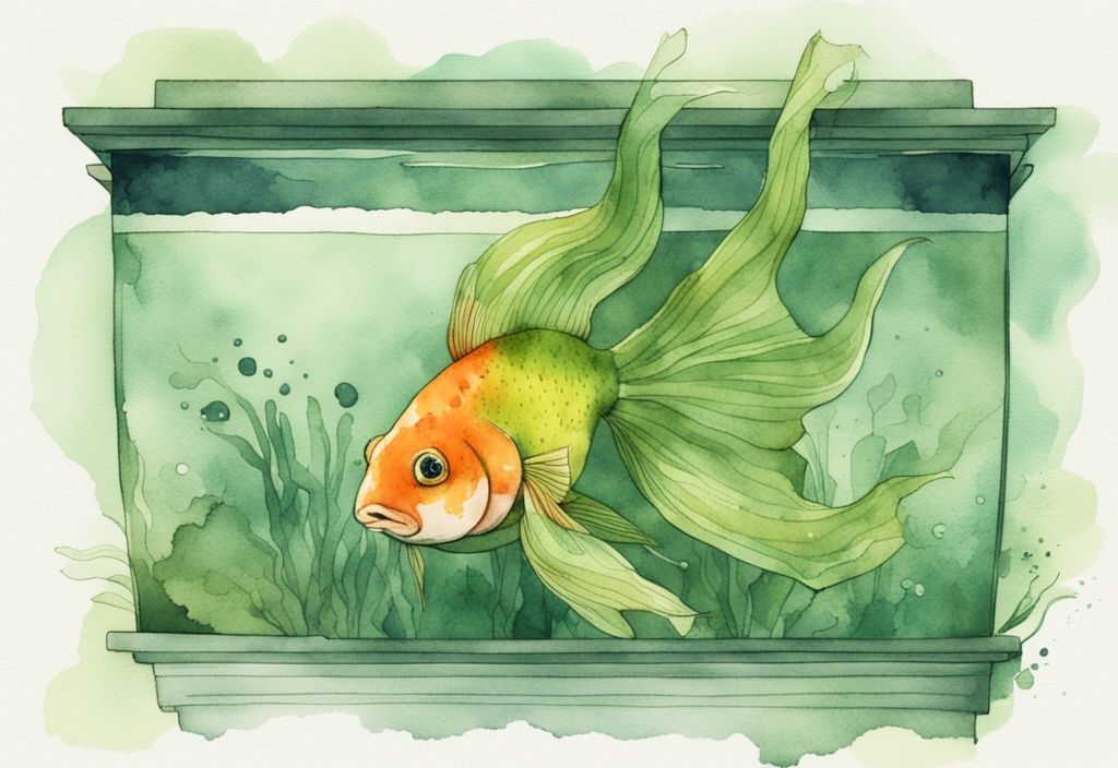 Moderne Aquarellillustration mit grünem Farbschema, gestresster Goldfisch schwebt über einem kleinen, ungepflegten Aquarium mit trübem Wasser und Algenbewuchs