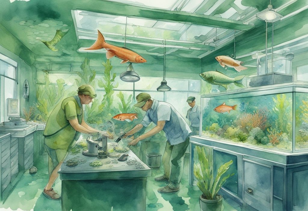 Moderne Aquarellillustration von Aquarienprofis, die ein beeindruckendes Meereshabitat pflegen und verschiedene Fischarten betreuen, Hauptfarbthema grün.