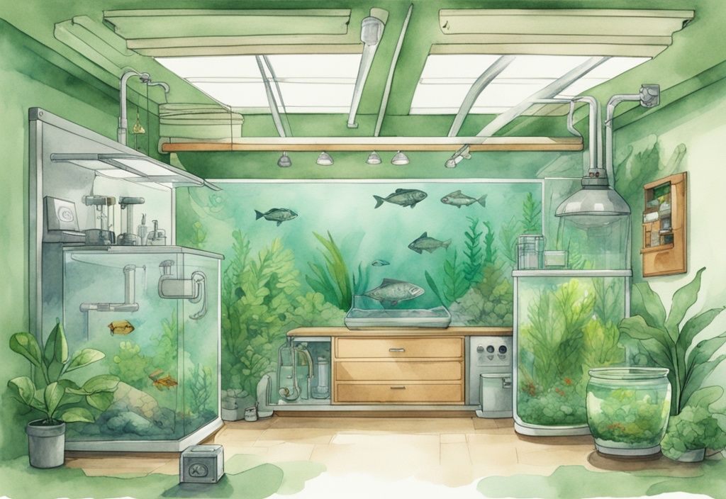 Moderne Aquarell-Illustration eines Aquariums mit grünem Farbschema, das essenzielle Ausrüstung wie Tank, Filter, Heizer, LED-Lichter, lebende Pflanzen, Fischernetz und verschiedene Fischarten zeigt.