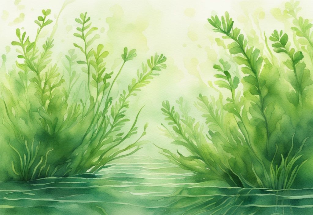 Moderne Aquarellillustration von grünen Hornkraut- und Wasserpestpflanzen im klaren Süßwasser unter Sonnenstrahlen