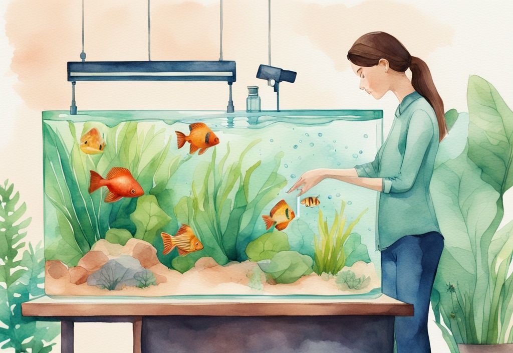 Moderne Aquarell-Illustration eines Menschen, der eine Klärlösung in ein Heim-Aquarium mit bunten tropischen Fischen und lebhaften Unterwasserpflanzen gießt, was zu klarem Wasser führt.