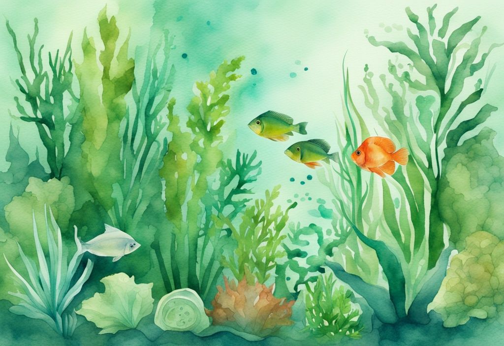 Moderne Aquarellillustration einer lebendigen Unterwasserszene mit beliebten Aquarienpflanzen in verschiedenen Formen und Farben, belebt von kleinen aquatischen Lebewesen.